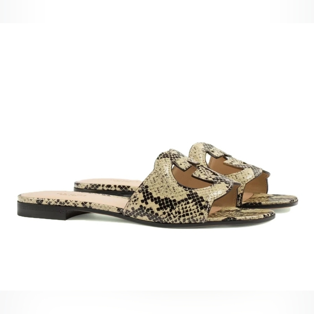 Gucci Interlock G Women's Black and Cream Snakeskin Slide Sandals 8.5 38.5